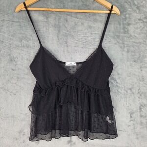 Womens Top XL Black Babydoll Y2K Whimsigoth Sheer Fairy Grunge Goth Cami Ruffle
